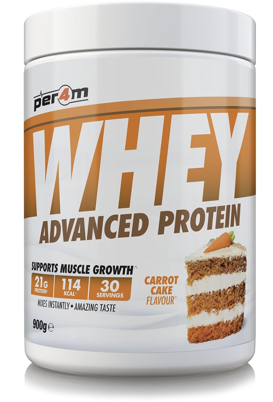 Per4m Whey Protein Powder | High Protein Shake for Muscle Growth & Recovery | Low Sugar Gym Supplement | Sports Nutrition Drink + Amino Acids (900g, Carrot Cake)