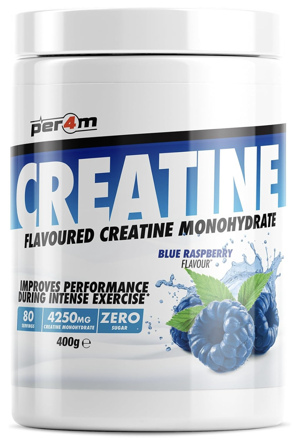 Per4m Creatine Powder | 80 Servings of Micronised Creatine Monohydrate | Performance & Strength | 8 Flavours (400g, Blue Raspberry)