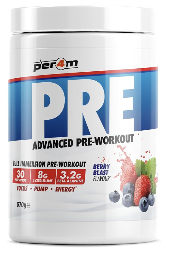 Per4m Pre Workout Powder | Intense Pump, Sustained Energy & Mental Focus | L-Citrulline, Beta Alanine & Caffeine & Added Hydration (570g, Berry Blast)