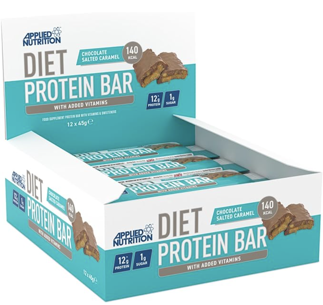 Applied Nutrition Diet Protein Bar, High Protein, Low Sugar Protein Snack Bar with Added Vitamins - Chocolate Salted Carmel (12 x 45g)