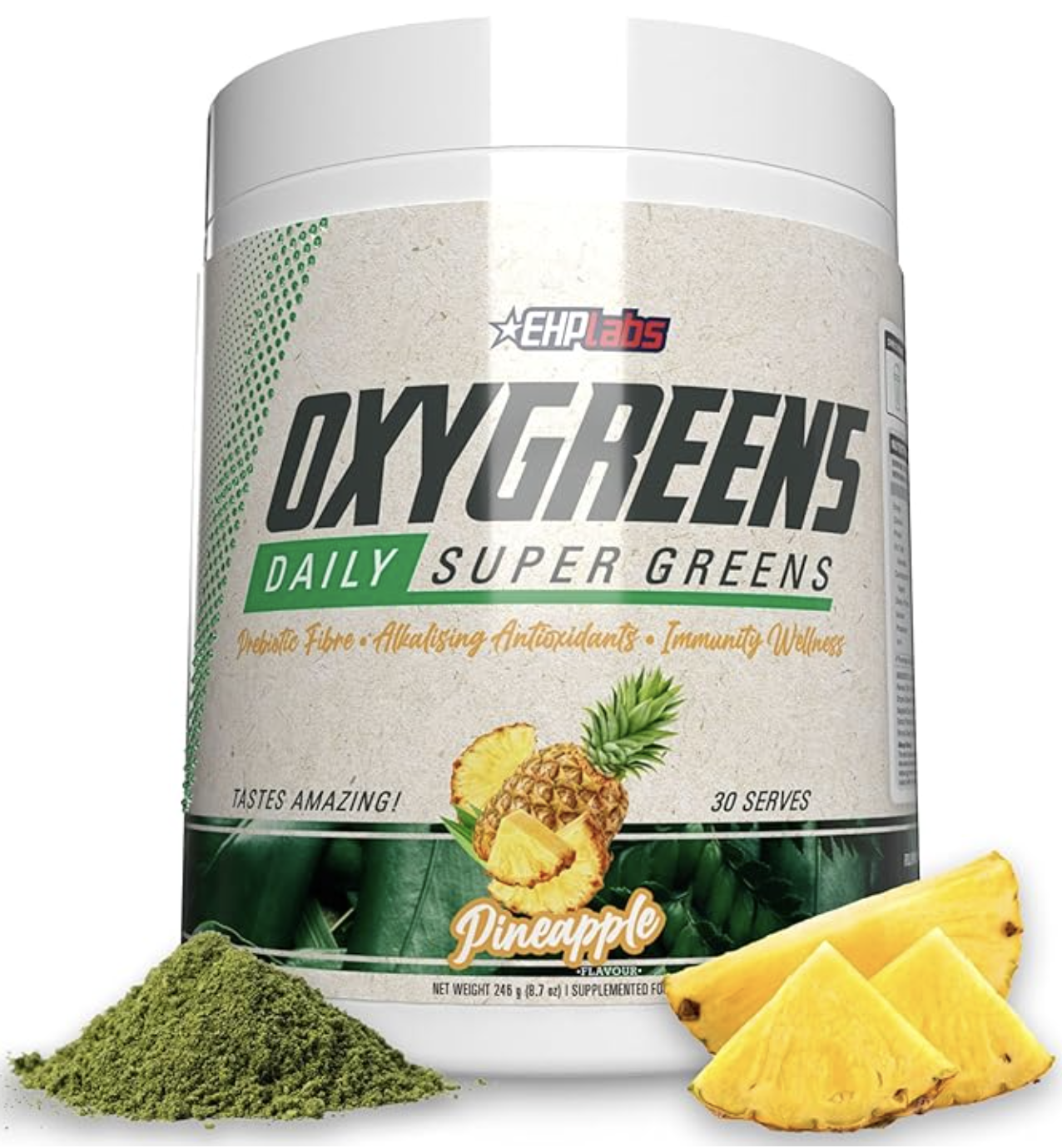 EHPlabs OxyGreens - Daily Super Greens Powder, Spirulina Herbal Supplement with Prebiotic Fibre, Alkalizing Antioxidants & Immunity Wellness, 30 Serves (Pineapple)