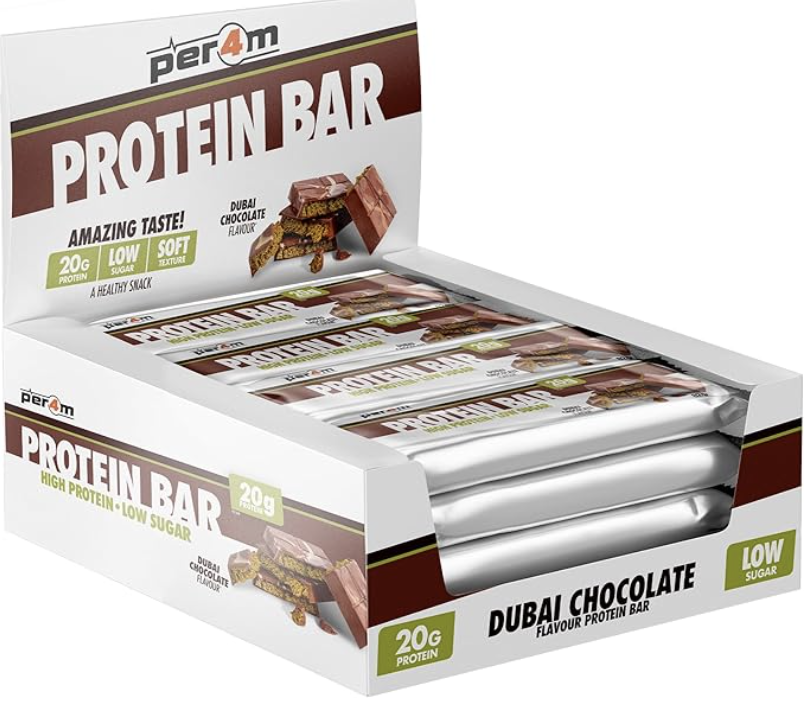 Per4m On-the-Go Protein Bar | High Protein, Low Sugar Bar with 20g Protein | Nutritional & Healthy Gym Snack Bar | Box of 12 x 62g (Box, Dubai Chocolate)